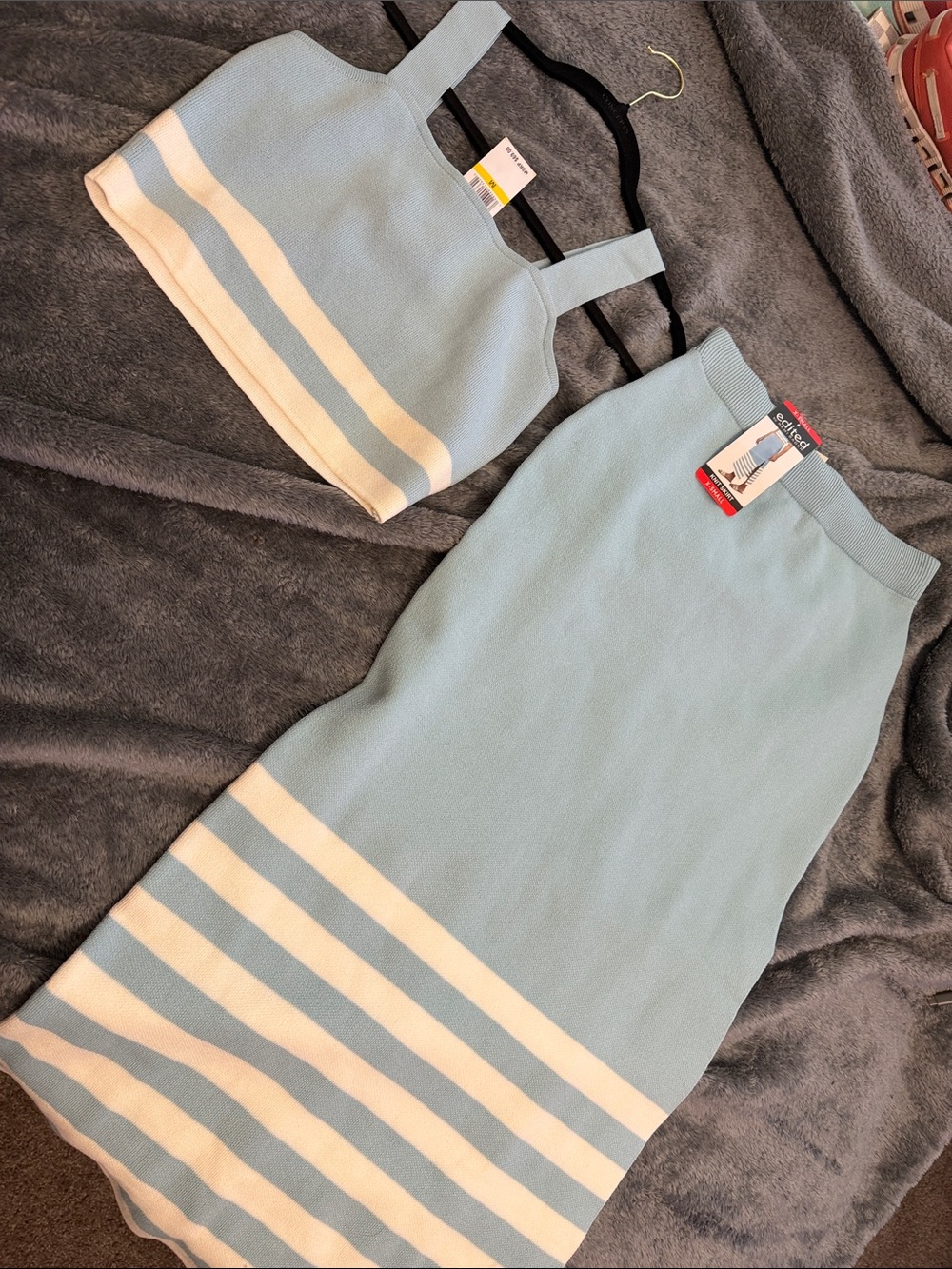 Light Blue Knit Midi Skirt - Two-Piece Set